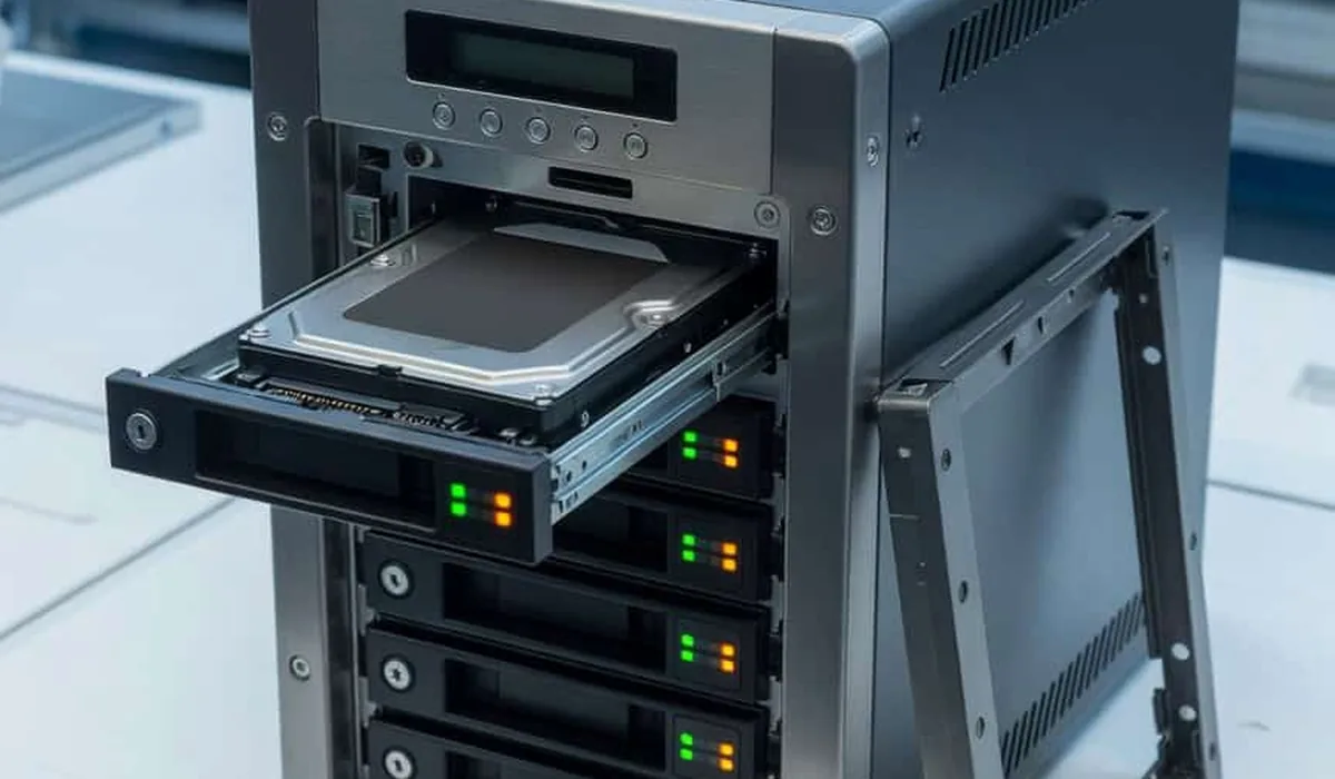 Buffalo TeraStation NAS unit with drive bay open showing hard drive tray