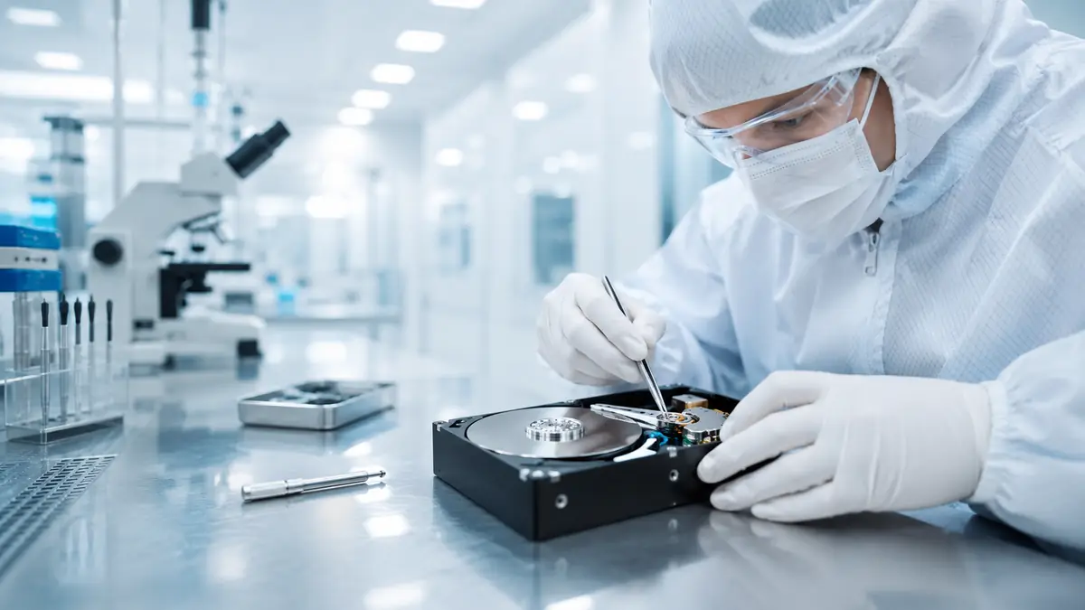 Hard drive being repaired in the Disk Doctors Class 100 cleanroom