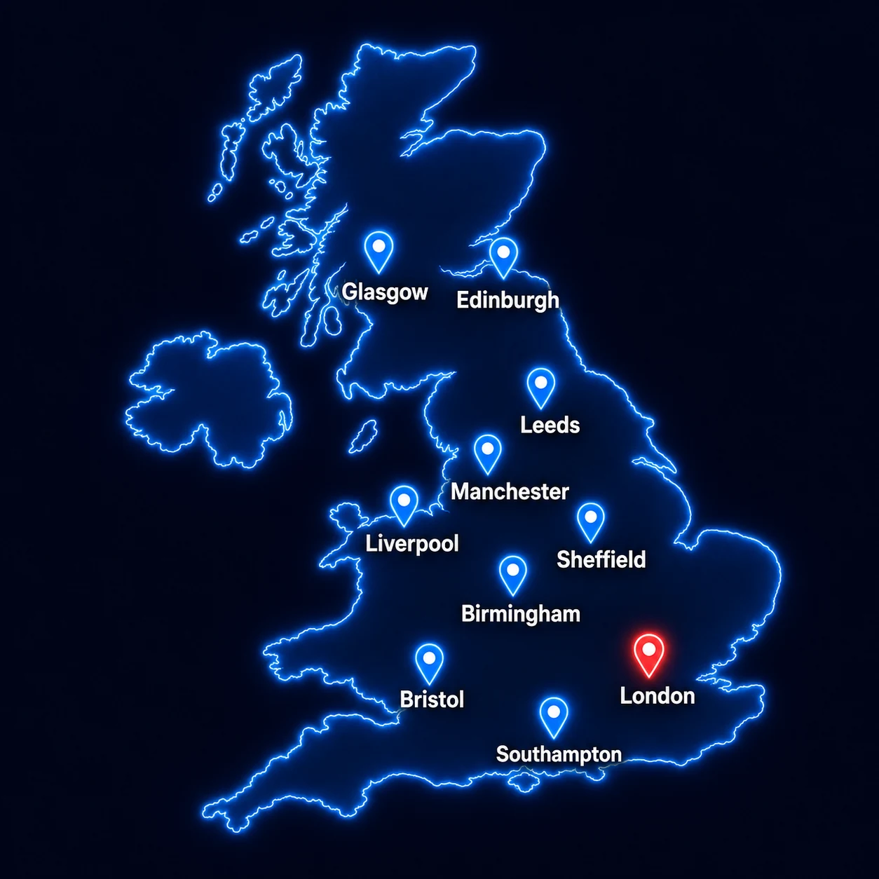 Map of Disk Doctors UK service locations — Glasgow, Edinburgh, Leeds, Manchester, Liverpool, Sheffield, Birmingham, Bristol, Southampton and London HQ