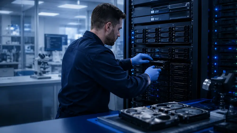 Disk Doctors engineer recovering drives from a failed RAID server rack