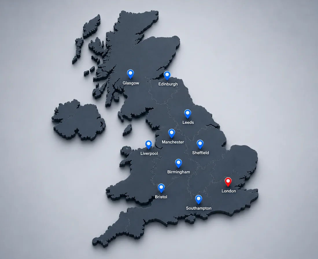 Map of Disk Doctors data recovery locations across the UK — London HQ, Manchester, Birmingham, Leeds, Glasgow, Edinburgh, Liverpool, Sheffield, Bristol and Southampton